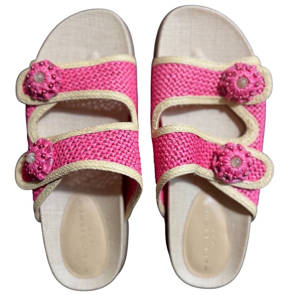 Marc Fisher Women Pink Raffia Woven Side Sandals Floral Beaded Strap Summer 9.5M